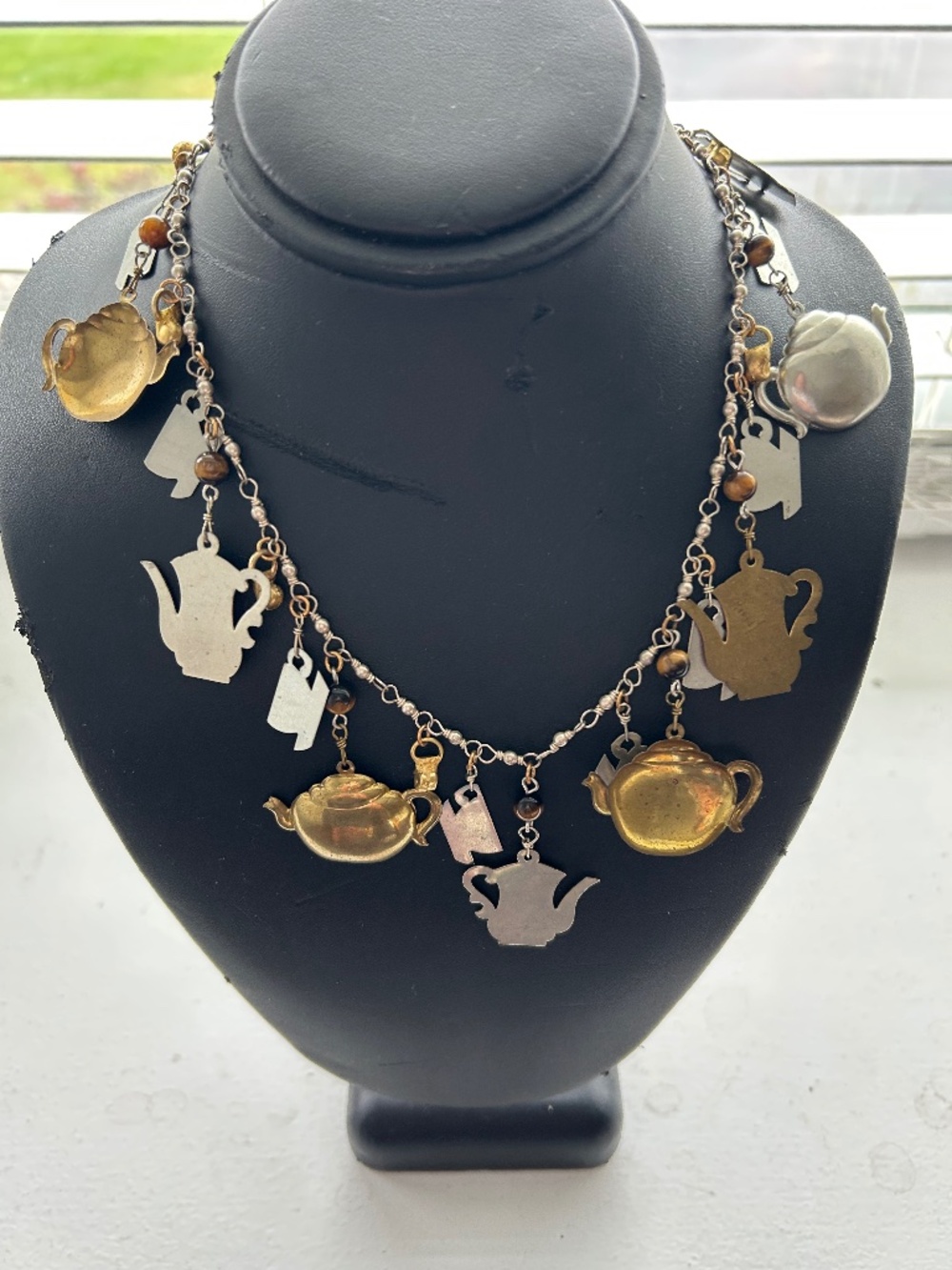 Teapot Teacup Charm Style Necklace Silvertone and Brasstone 30”